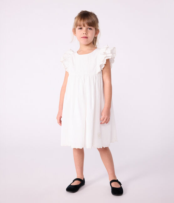 Kurzärmeliges Kinder-Kleid aus einfarbiger Baumwolle weiss ECUME