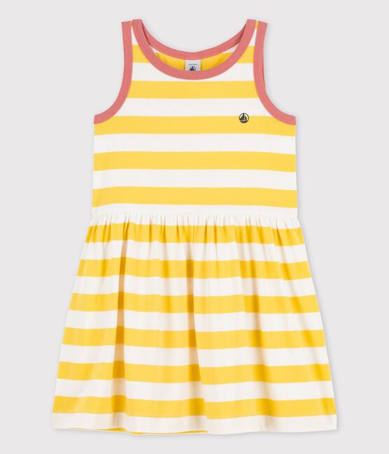 Ärmelloses gestreiftes Kleid aus Baumwolle für Mädchen gelb ORGE/weiss MARSHMALLOW
