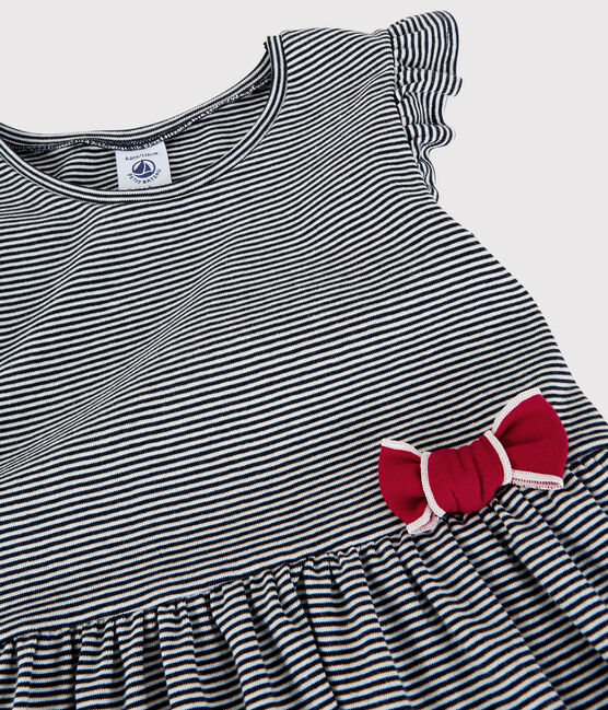 Kurzärmeliges Kinder-Kleid aus Baumwolle für Mädchen blau SMOKING/weiss MARSHMALLOW