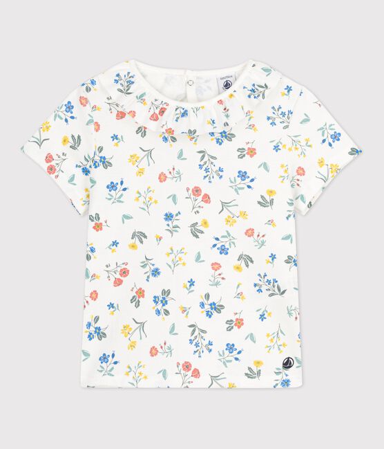 Kurzärmeliges T-Shirt aus Baumwolle für Mädchen weiss MARSHMALLOW/weiss MULTICO