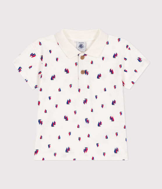 Kurzärmeliges Baby-Poloshirt aus feinem Jersey weiss MARSHMALLOW/weiss MULTICO