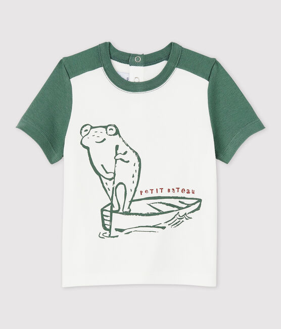 Kurzärmeliges Baby-T-Shirt aus Baumwolle für Jungen weiss MARSHMALLOW/grün VALLEE