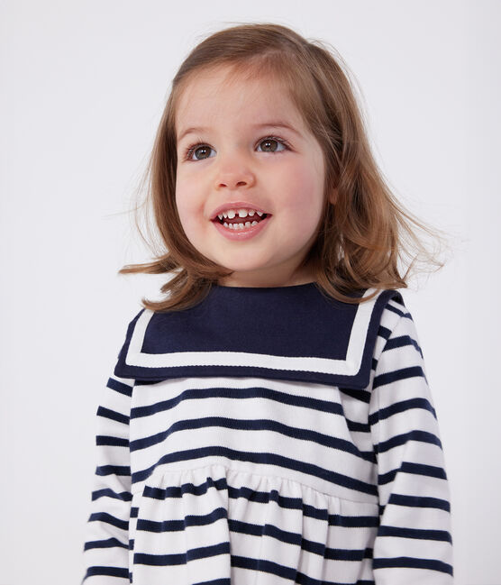 Langärmeliges Baby-Kleid aus festem Baumwollstoff mit Matrosenstreifen weiss MARSHMALLOW/blau SMOKING