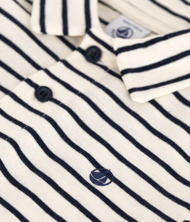 Kurz&auml;rmeliges Kinder-Poloshirt aus Baumwolle mit Streifen naturfarben/blau