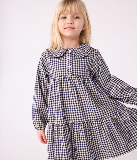 Langärmeliges Kinder-Kleid aus Flanell mit Karomuster blau SOIR/ MILK