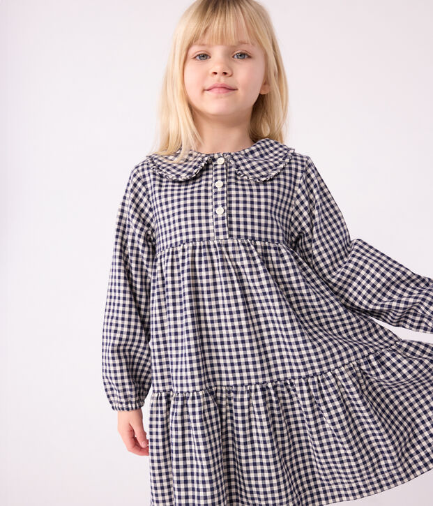 Lang&auml;rmeliges Kinder-Kleid aus Flanell mit Karomuster blau/naturfarben