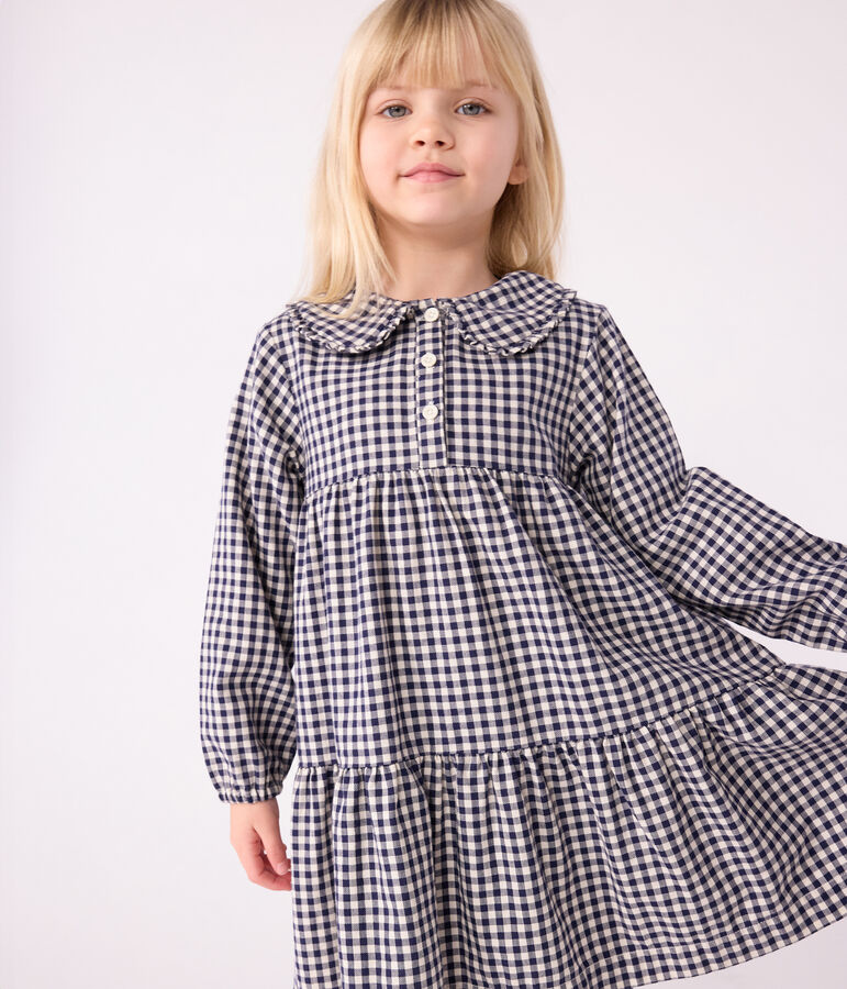 Lang&auml;rmeliges Kinder-Kleid aus Flanell mit Karomuster blau/naturfarben