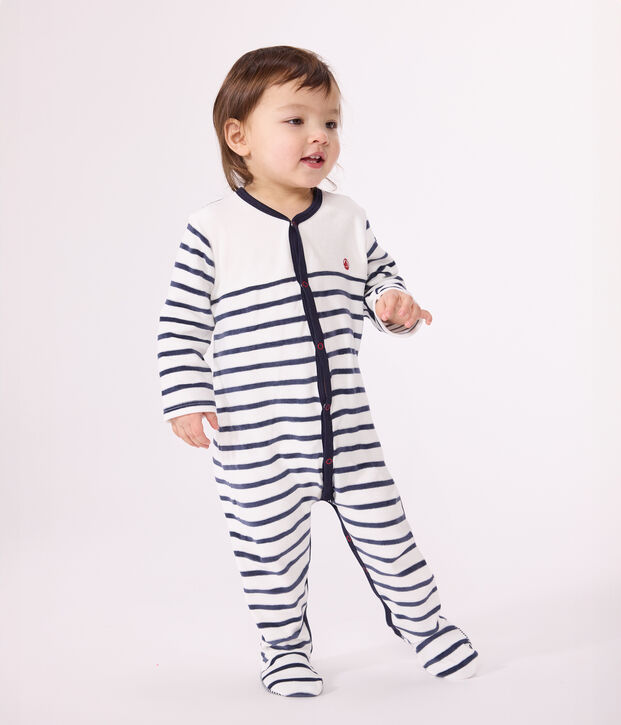 Gestreifter Baby-Pyjama aus Samt weiss/blau