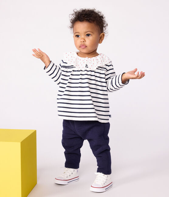 Langärmelige Baby-Bluse aus Baumwolle mit Matrosenstreifen und Herz-Kragen weiss MARSHMALLOW/blau SMOKING