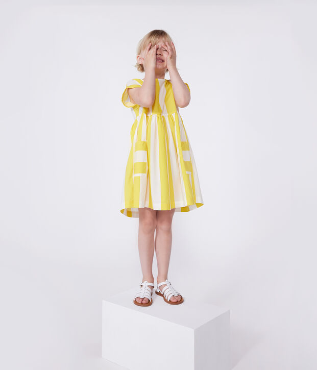 Kurz&auml;rmeliges Kinder-Kleid aus Baumwolle mit Streifen weiss/gelb