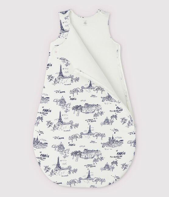 Baby-Schlafsack aus Rippstrick mit Paris-Motiv im Toile-de-Jouy-Stil weiss MARSHMALLOW/blau MEDIEVAL