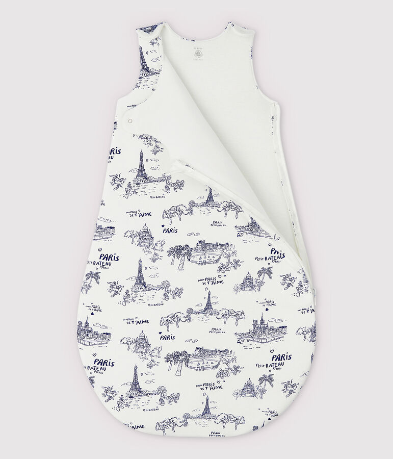 Baby-Schlafsack aus Rippstrick mit Paris-Motiv im Toile-de-Jouy-Stil weiss/blau