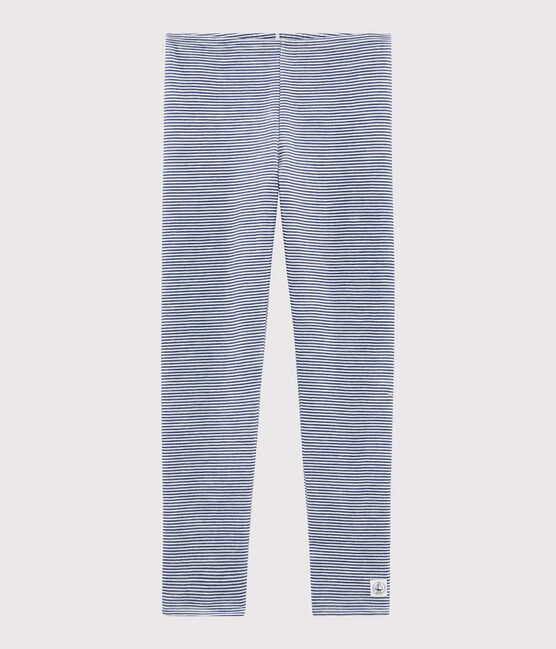 Kinderleggins mit Ringelmuster aus Wolle und Baumwolle blau MEDIEVAL/weiss MARSHMALLOW