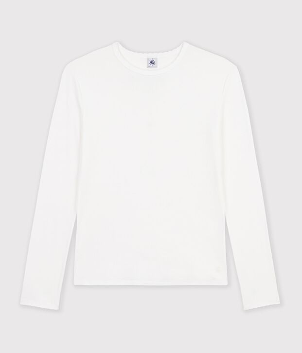 Lang&auml;rmeliges Damen-T-Shirt L'Iconique mit M&auml;usez&auml;hnchenkante aus einfarbigem Rippstrick weiss
