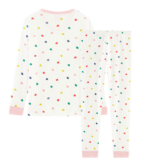 Sehr eng anliegender Rippstrick-Pyjama für kleine Mädchen weiss MARSHMALLOW/weiss MULTICO