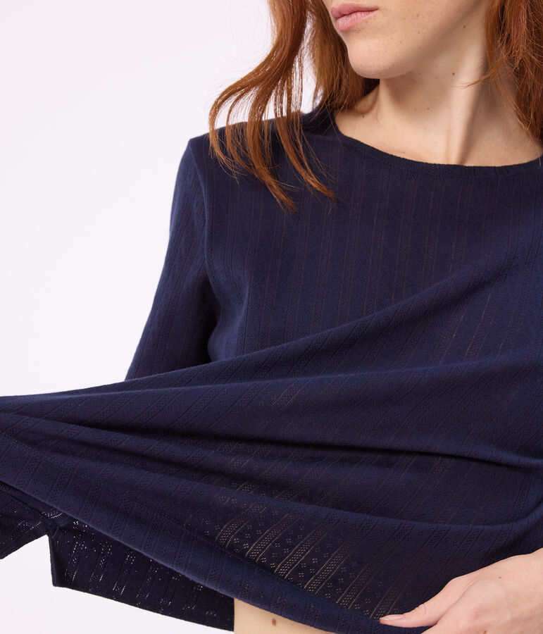 Kurz&auml;rmeliger Damen-Pyjama aus Baumwolle mit Lochstickerei blau