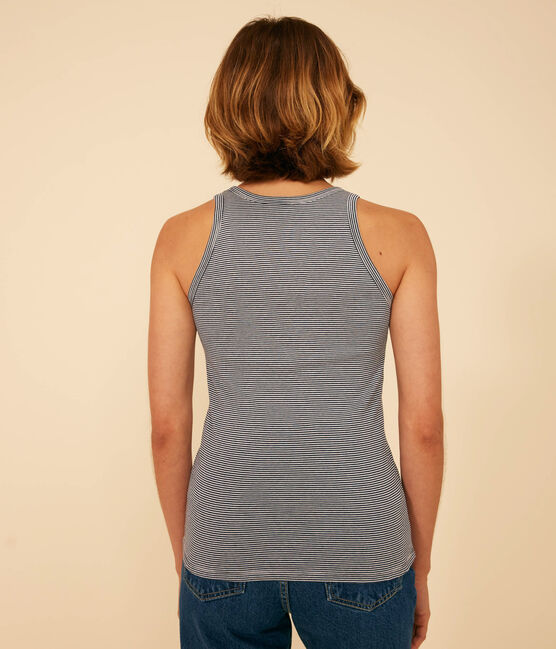 Damen-Tanktop L’Iconique aus gestreifter Baumwolle blau SMOKING/weiss MARSHMALLOW
