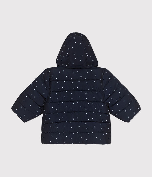 Gemusterte  Baby-Winterjacke mit einrollbarer Kapuze blau/weiss