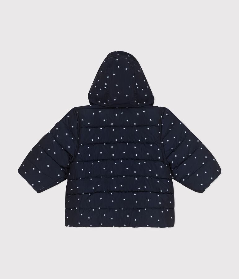 Gemusterte  Baby-Winterjacke mit einrollbarer Kapuze blau/weiss