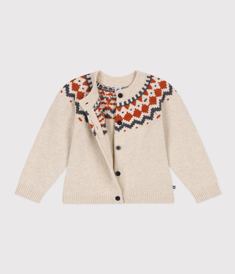 Kinder-Jacquard-Cardigan aus Wolle und Baumwolle f&uuml;r M&auml;dchen beige/vielfarbig