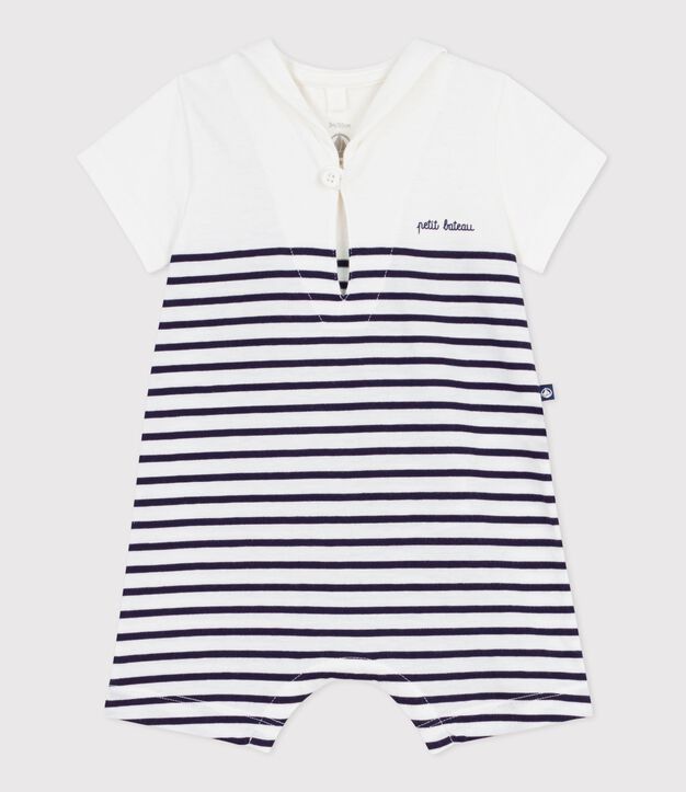 Baby-Kurzoverall mit Matrosenkragen aus gestreifter Baumwolle blau/blau