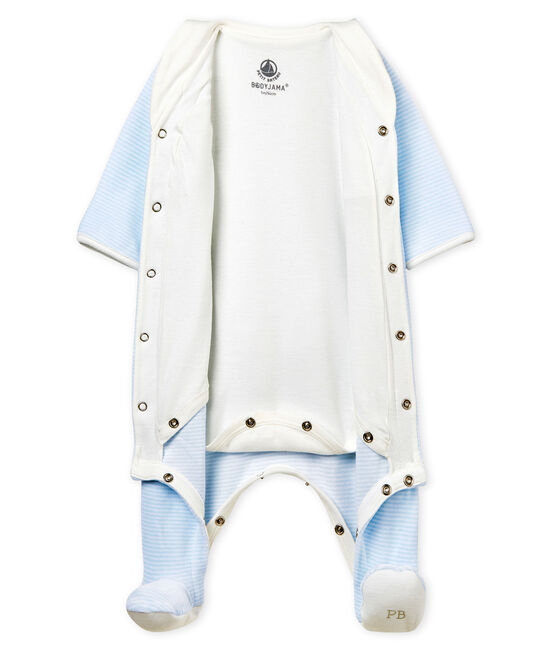 Baby-bodyjama jungen aus samt mit ringelstreifen blau FRAICHEUR/weiss ECUME