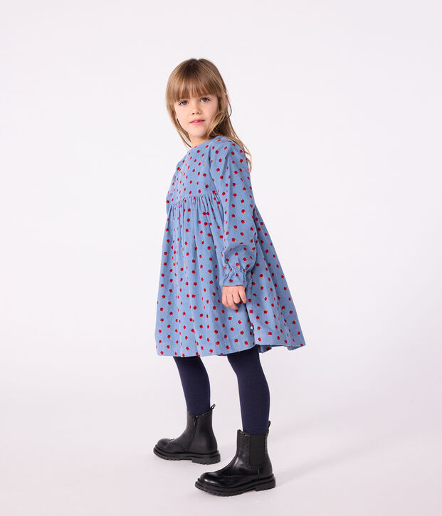 Lang&auml;rmeliges Kinder-Kleid aus bedrucktem Fein-Cord. blau/vielfarbig