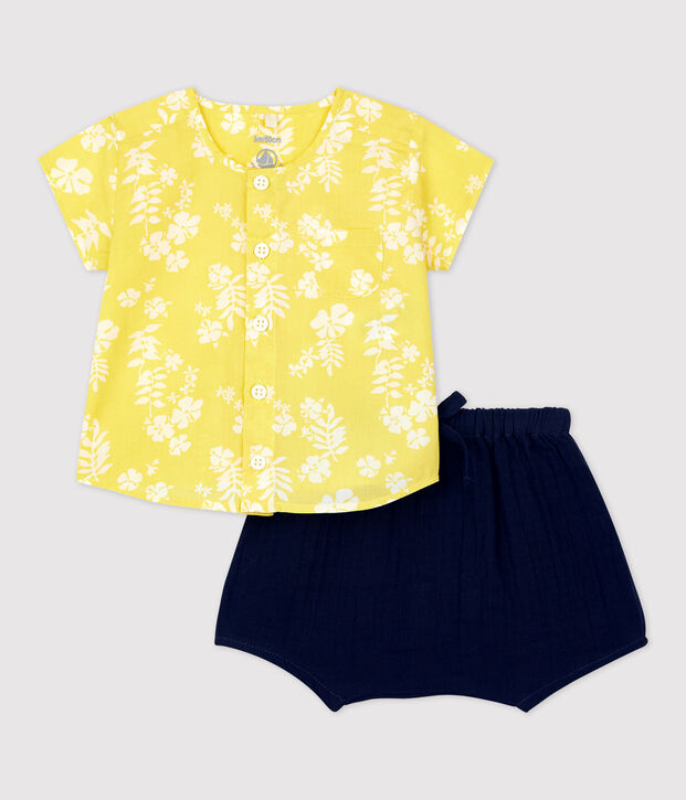 Zweiteiliges Baby-Set aus Bio-Popeline mit Hawaiimuster gelb/weiss