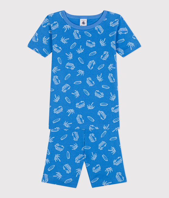 Eng anliegender Kinder-Kurzpyjama aus Baumwolle mit Minibus-Motiv blau BRASIER/grau MARSHMALLOW