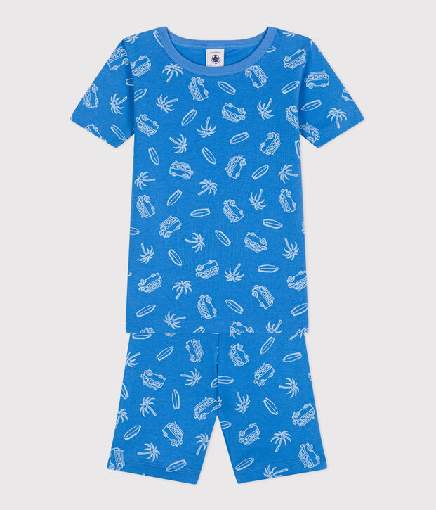 Eng anliegender Kinder-Kurzpyjama aus Baumwolle mit Minibus-Motiv blau/weiss