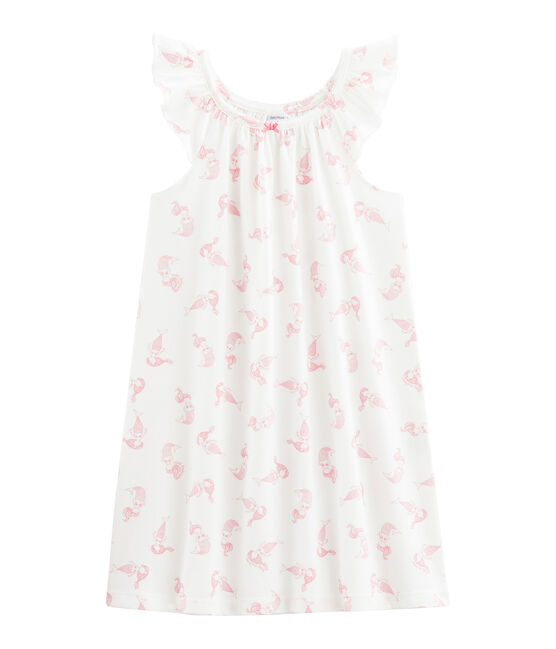 Nachthemd aus dünner Baumwolle für kleine Mädchen. weiss MARSHMALLOW/rosa ROSE