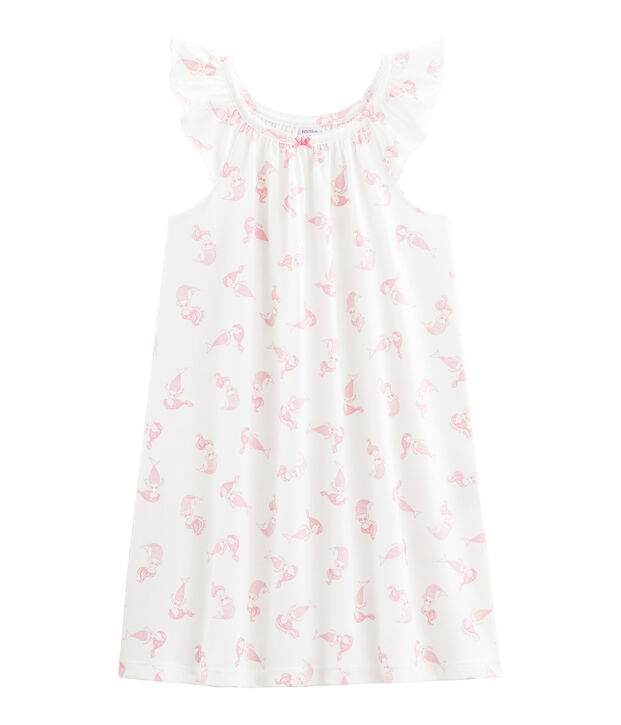 Nachthemd aus d&uuml;nner Baumwolle f&uuml;r kleine M&auml;dchen. weiss/rosa