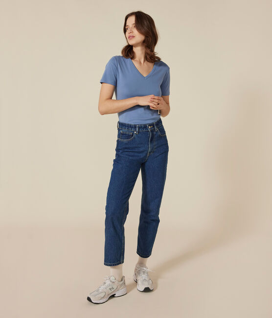 Damen-T-Shirt L'Iconique mit V-Ausschnitt aus Baumwolle, unifarben blau BEACH