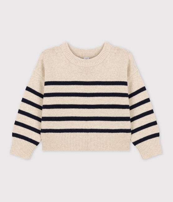 Gestreifter Kinderpullover aus Wolle und Baumwolle für Mädchen/Jungen weiss AVALANCHE/blau SMOKING