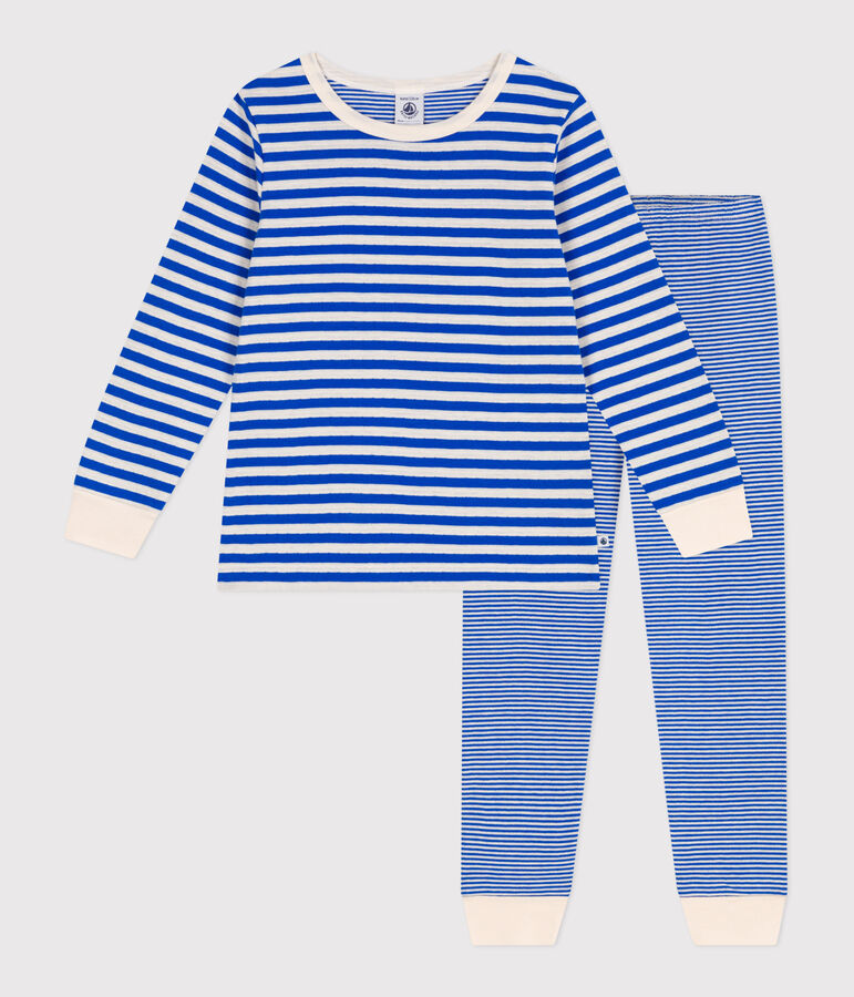 Kinder-Pyjama aus Doppeljersey mit Streifen blau/naturfarben