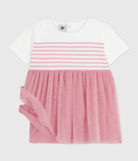 Kurzärmeliges Baby-Kleid aus Baumwolle und Tüll, gestreiftes Oberteil weiss MARSHMALLOW/rosa CHARME