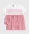 Kurzärmeliges Baby-Kleid aus Baumwolle und Tüll, gestreiftes Oberteil weiss MARSHMALLOW/rosa CHARME