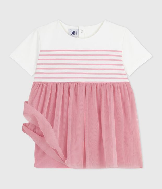 Kurz&auml;rmeliges Baby-Kleid aus Baumwolle und T&uuml;ll, gestreiftes Oberteil weiss/rosa