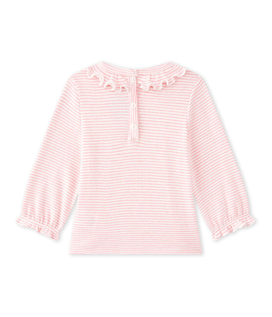 Gestreiftes Baby-Mädchen-T-Shirt weiss MARSHMALLOW/rosa PETAL