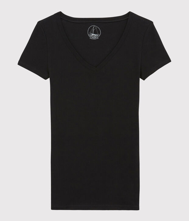 Damen-T-Shirt, leichter Rippstrick schwarz