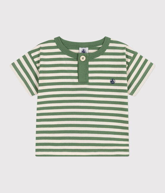 Kurzärmeliges Baby-T-Shirt aus Baumwolle mit Streifen grün PALMERAIE/ AVALANCHE