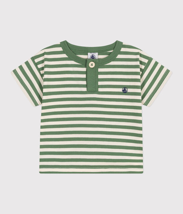 Kurz&auml;rmeliges Baby-T-Shirt aus Baumwolle mit Streifen gr&uuml;n/naturfarben