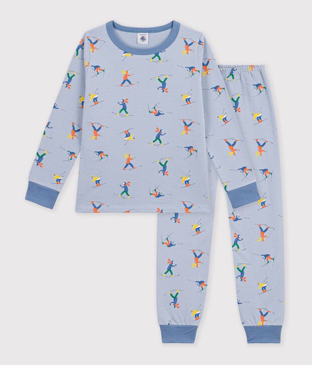 Kinder-Pyjama aus Molton mit Skifahrern blau/vielfarbig
