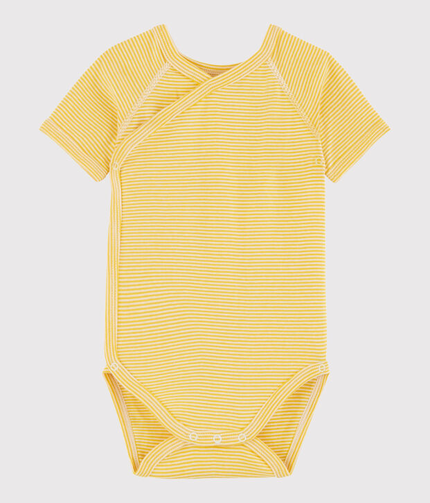 Kurz&auml;rmeliger Baby-Body in Wickelform M&auml;dchen/Jungen gelb/weiss