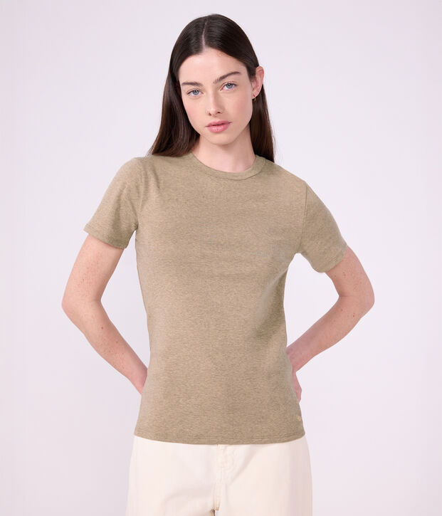 Kurz&auml;rmeliges Damen T-Shirt aus einfarbiger Baumwolle beige