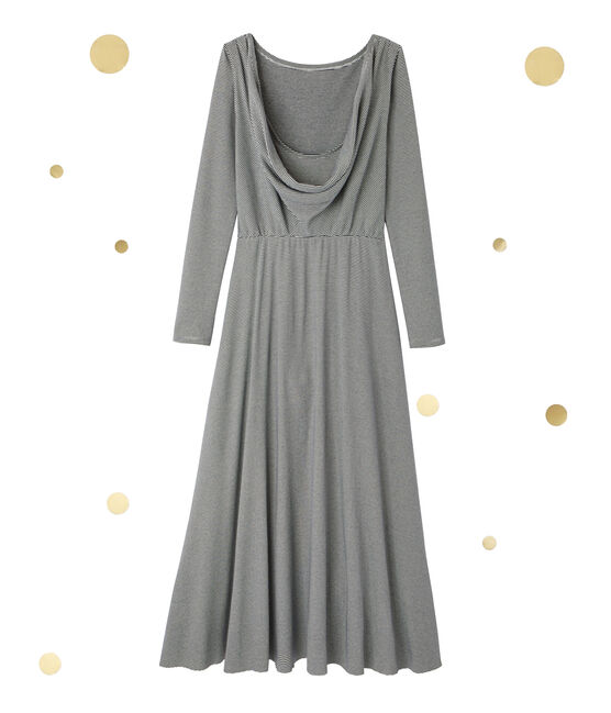 Robe longue femme à manches longues. Petit bateau x Marie-Agnès Gillot blau SMOKING/beige COQUILLE