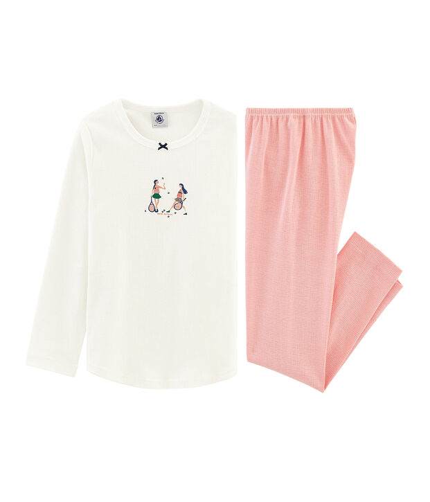 Rippstrick-Pyjama f&uuml;r kleine M&auml;dchen. weiss/rosa