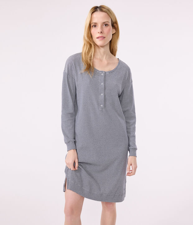 Damen-Nachthemd aus gestreifter Baumwolle blau/weiss