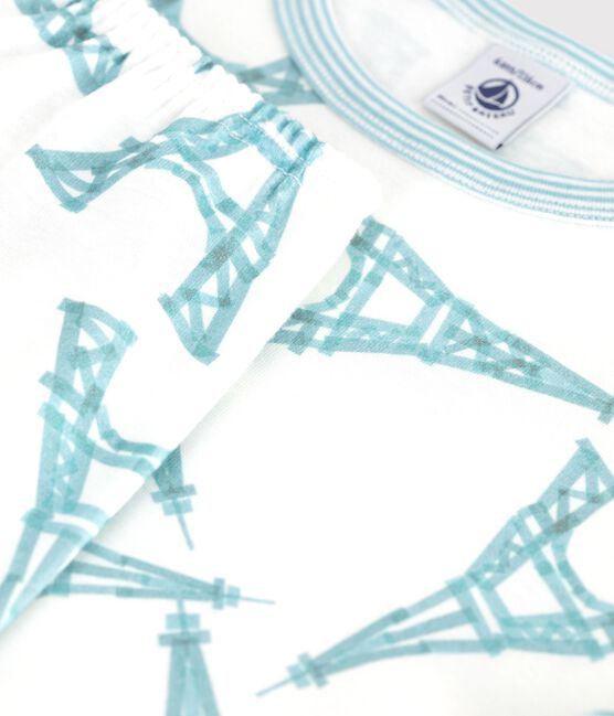 Kurzärmeliger Kinder-Pyjama mit langer Hose aus Baumwolle mit Eiffelturm-Motiv weiss MARSHMALLOW/weiss MULTICO