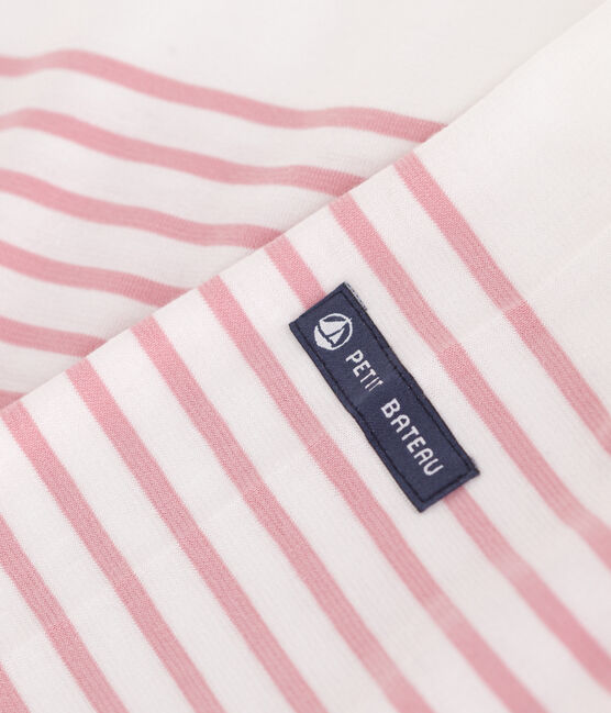 Langärmeliges Damen-T-Shirt "Marinière" aus Baumwolle weiss MARSHMALLOW/rosa CHARME
